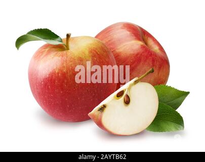 Schöne zwei rote Äpfel mit apfelblättern und apfelscheibe isoliert auf weißem Hintergrund. Stockfoto