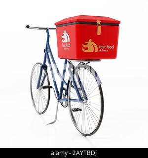 Fast Food Delivery Fahrrad isoliert auf weißem Hintergrund. 3D-Abbildung. Stockfoto