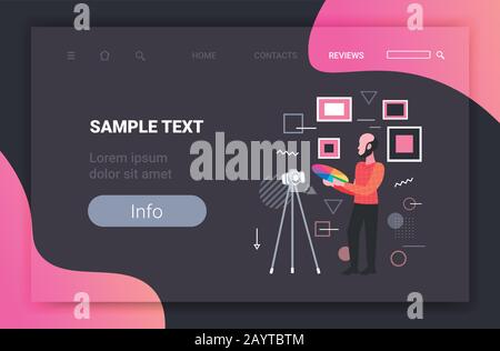 Mann Designer mit farbigen Palettenbeispielen Blogger Online-Videos mit Digitalkamera auf Stativ soziale Netzwerke Blogging Konzept volle Länge horizontale Kopie Raum Vektor Illustration Stock Vektor