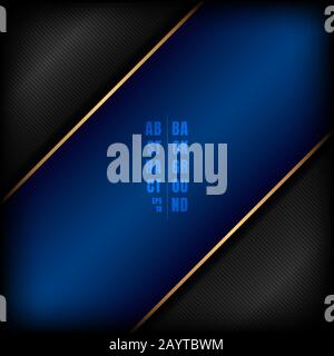 Abstrakter diagonaler blauer Streifen mit goldener Linie auf schwarzem Hintergrund und Texturbereich für Ihren Text. Luxuriöser Stil. Vektorgrafiken Stock Vektor