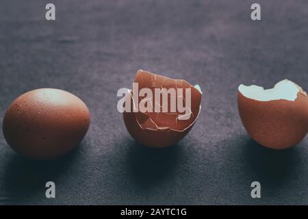 Konzeptfoto mit Ei und zerbrochenen Eierschalen, um das Konzept des Lebens, der psychischen Krankheit und der Identitätskrise zu zeigen Stockfoto