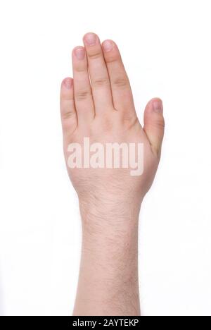 Palm männlich Hand auf weißem Hintergrund Stockfoto