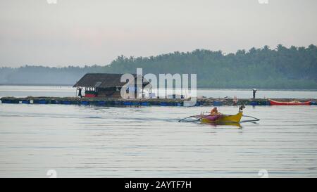 Banay Banay, Davao Oriental, Philippinen - März 2016: Breiter Schuss Fischschreiber in Punta Linao, mit einem Boater. Stockfoto