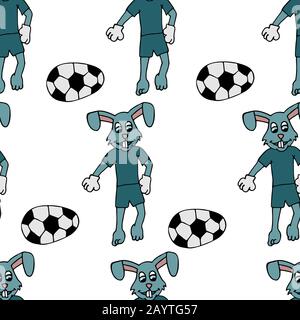 Osterhase in einem Trainingsanzug startet ein Osterei in Form eines Fußballballs, nahtloses Muster Stock Vektor