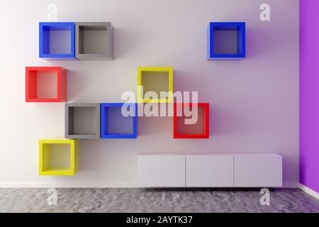 Bunte rote, blaue, gelbe und graue leere quadratische Regale an der weißen Wand im Raum mit Holzboden, Bordwand und rosafarbener Wand - Objektausstellung oder Präsentation Stockfoto