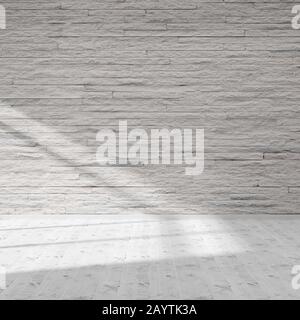 Leerer weißer Raum mit Backstein-Wand und weißem Hartholzboden und Fensterschatten mit Kopierbereich - Hintergrundbild im Galeriedesign, 3D-Abbildung Stockfoto