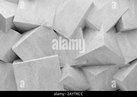 Abstrakter moderner Betonstein zufällig chaotische polygonale Würfelwand - Hintergrundvorlage für den industriellen Innenraum, 3D-Abbildung Stockfoto