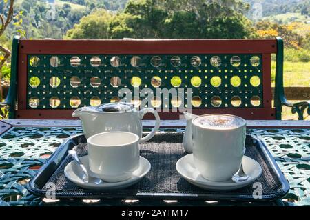 Zwei weiße Tassen und Teekanne auf einem Tisch im Freien. Kaffeepause im Freien mit ländlicher Naturszene im Hintergrund Stockfoto