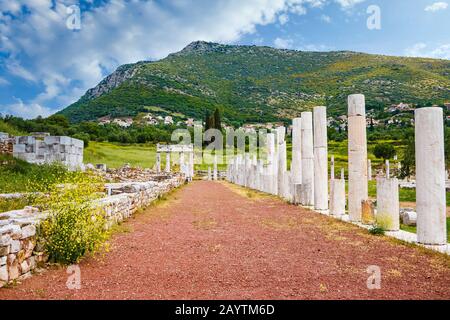 Ruinen des Antiken Messenes in Griechenland, die über den Ruinen von Ithome erbaut wurden, einer antiken Stadt, die ursprünglich aus Achäischen Griechen bestand. Ein Großteil davon wurde ausgegraben Stockfoto