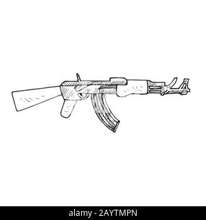 Die AK-47, oder AK (Kalaschnikow-Gewehr), handgezeichnete Doodle-Skizze, isolierte Gliederzeichnung Stockfoto