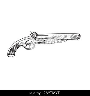 Revolver im westlichen Stil, handgezeichnete Doodle-Skizze, isolierte Konturzeichnung Stockfoto