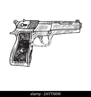 Beretta 92F, handgezeichnete Doodle-Skizze, isolierte Konturzeichnung Stockfoto