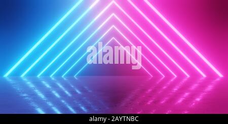 Abstrakte blaue und rot leuchtende Neon-Lichtdreiecke im leeren Betonraum mit glänzendem reflektierendem Boden - 3D-Abbildung Stockfoto