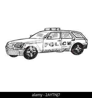 Polizeiwagen, handgezeichnete Doodle-Skizze, isolierte Umrisszeichnung Stockfoto