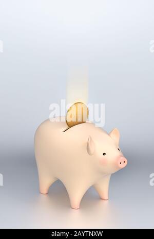 Pinkfarbene Schweinebank, mit Goldmünze in Schlitz. Isolierter Pfad auf weiß. 3D-Abbildung Stockfoto