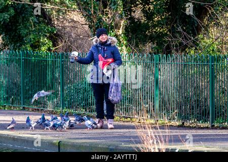 Northampton, Großbritannien. Wetter, 17. Februar 2020, Nach einem tagelangen starken Regen gestern ist die Sonne heute Morgen im Abington Park draußen, und die Leute machen das Beste aus ihr Morgenspaziergang, müssen aber gegen die Kälte wickeln. Kredit: Keith J Smith./Alamy Live News Stockfoto