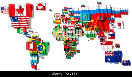 Karte der Welt aus Flaggen. Weißer Hintergrund. Stockfoto