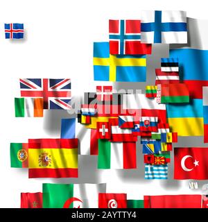 Europäische Flaggen in Form der Länder. Weißer Hintergrund. Stockfoto