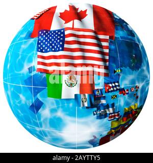 Flaggen der Welt in Form eines Globus. Blickpunkt Amerika. Weißer Hintergrund. Stockfoto