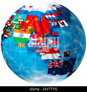 Flaggen der Welt in Form eines Globus. Aussichtspunkt Asien und Australasien. Weißer Hintergrund. Stockfoto