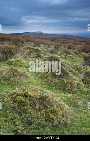 Von der Spitze des Abdon Burf, Brown Clee Hill, der mit 540 Metern der höchste Punkt in Shropshire, England, Großbritannien, ist ein Ausblick Stockfoto