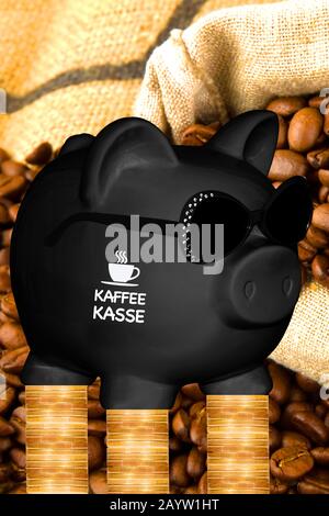 Schwarze Schweinebank mit Sonnenbrille mit den Schriftzügen Kaffekasse, Kitty, Kaffeebohnen und Münzstapeln im Hintergrund, komponieren Stockfoto