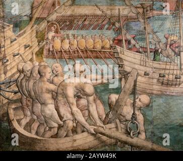 Galeerensklaven. Detail von: Kaiser Karl V. Nimmt Tunis (Tapisserie Cartoon) auf. Museum: Kunsthistorisches Museum, Vienne. Autor: Jan Cornelisz. Vermeyen. Stockfoto