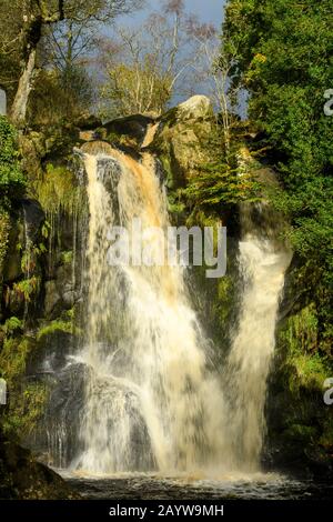 Malerischen, sonnigen, fließendem Wasser & Felsen von Posforth Gill Force Wasserfall, Valley Of Desolation, Bolton Abbey Estate, North Yorkshire, England, UK. Stockfoto