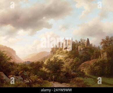 Blick auf Larochette Castle. Museum: Musée national d'Histoire et d'Art, Luxemburg. AUTOR: BAREND CORNELIS KOEKKOEK. Stockfoto