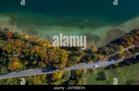 Top Blick auf einen Strand in der Nähe von Bäumen und eine Straße mit Autofahrern im Herbst. Stockfoto