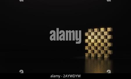 Goldenes Glitzersymbol für 3D-Schachbrettdarstellung auf dunkelschwarzem Hintergrund mit verschwommener Spiegelung und Glitzern Stockfoto