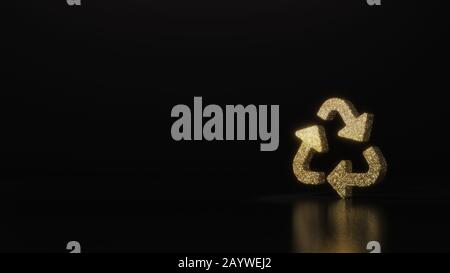 Goldglitter-Symbol für wiederverwerfbare Dreieckspfeile signieren 3D-Rendering auf dunkelschwarzem Hintergrund mit verschwommener Reflexion mit Glitzern Stockfoto