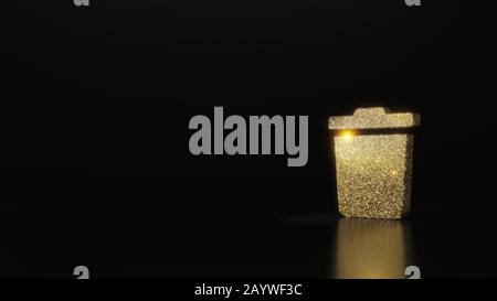 Goldglitter-Symbol für Trash bin 3D-Rendering auf dunkelschwarzem Hintergrund mit verschwommener Reflexion mit Glitzern Stockfoto