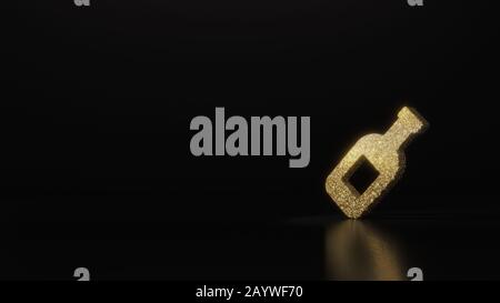 Goldglitter-Symbol für 3D-Rendering von Weinflaschen auf dunkelschwarzem Hintergrund mit verschwommener Reflexion und Glitzern Stockfoto