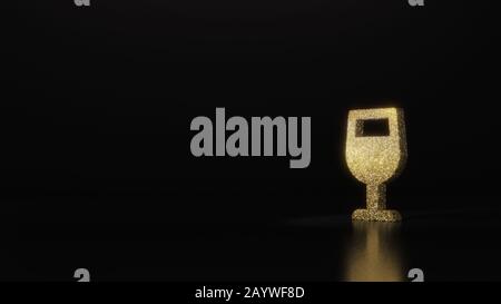 Goldenes Glitzersymbol für 3D-Rendering aus Weinglas auf dunkelschwarzem Hintergrund mit verschwommener Reflexion und Glitzern Stockfoto