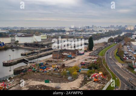 Salford Quays und Media City Panoramablick über Salford und Manchester Stockfoto