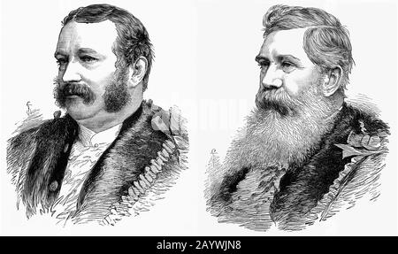 Portraits des Sheriffs von London, Alderman Hanson (links) und Sheriff Ogg von Middlesex (rechts) ernannten etwa 1881.jährlich von den Liverymen der City Livery Companies für die City of London gewählt. Historisch gesehen hatten die Amtsträger eine wichtige richterliche Verantwortung. Seit ihrer ursprünglichen Funktion als Gericht für die Stadt und Middlesex haben sie an den Justices am Central Criminal Court, Old Bailey, teilgenommen. Stockfoto