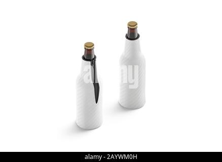 Blank weiß zusammenklappbare Bierflasche koozie mockup Stand, Seitenansicht Stockfoto