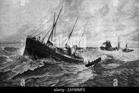 Das Dampfschiff Upupa der City of Cork Steam Packet Stellt den Clan Macduff am Dienstag, 18. Oktober, auf der Route nach Bombay von Liverpool her vor. Das Schiff geriet in Schwierigkeiten, als das Wetter schlecht wurde und sie ein Leck entsprang. Am nächsten Tag ordnete der Kapitän an, das Schiff zu verlassen; acht Personen wurden in dem Auftritt abgenommen, ein Kutter folgte, aber zwei weitere Boote wurden von den Meeren zerschlagen, so dass nur eines übrig blieb, das 30 mit 45 Personen auf dem Linienschiff aufnehmen konnte. Schließlich wurden 28, einschließlich des Kapitäns, der über Bord sprang, vom Verlassen des ersten Beamten und 16 der Besatzung an Bord genommen, die verzweifelte Bemühungen unternahmen Stockfoto