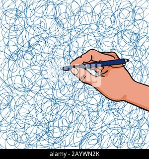 Hand, die einen Stift hält, der chaotische Doodles in blauen Linien auf der ganzen Seite scribbbling, die emotionale Verwirrung und chaohandgezeichnete Vektorgrafiken zeigen Stock Vektor