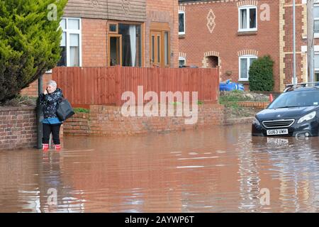 Hereford, Herefordshire, Großbritannien - Montag, 17. Februar 2020 - EINE Frau ruft an, während sie durch das überschwemmte Gebiet der Ledbury Road der Stadt zieht. Foto Steven May / Alamy Live News Stockfoto