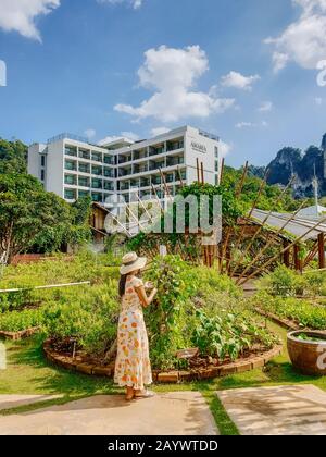 Krabi Thailand Januar 2020, Ein umweltfreundliches Luxusresort in Ao Nang, wo ein tropischer Garten um Anana Krabi liegt Stockfoto