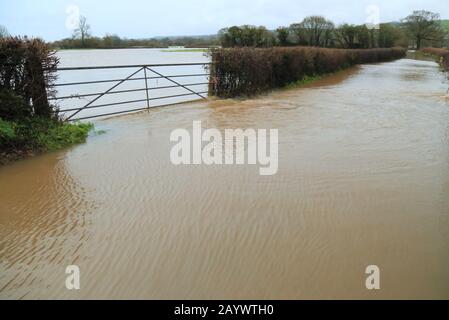 Überflutete Straße zwischen Whitford und Musbury in Ax Valley, East Devon, Großbritannien während des Sturms Dennis. Stockfoto