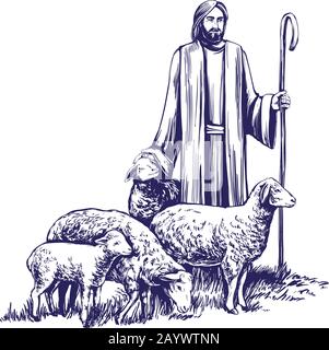 Der Sohn Gottes, der Herr ist mein Hirte, Jesus Christus mit einer Schafherde, Symbol des Christentums handgezeichnete Skizze zur Vektordarstellung. Stock Vektor