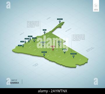 Stilisierte Karte von Namibia. Isometrische 3D-Grünkarte mit Städten, Grenzen, Hauptstadt Windhoek, Regionen. Vektorgrafiken. Editierbare Ebenen, die deutlich beschriftet sind. Stock Vektor