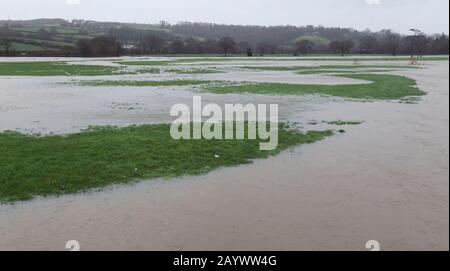 Überschwemmte Ax Valley in East Devon, Großbritannien während des Sturms Dennis. Agrarfelder rund um den Fluss Ax. Stockfoto