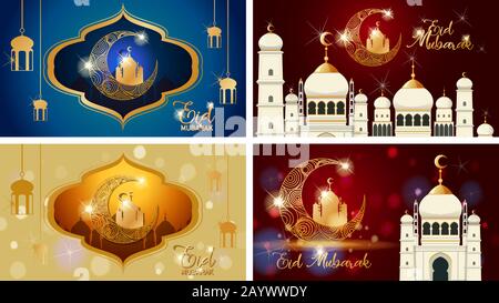 Vier Hintergründe für muslimische Festival Eid Mubarak Abbildung Stock Vektor