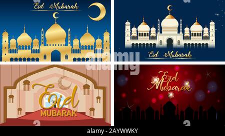 Vier Hintergründe für muslimische Festival Eid Mubarak Abbildung Stock Vektor