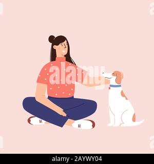Flat Cartoon Vector Illustration über die Freundschaft zwischen Mensch und Hund Stock Vektor