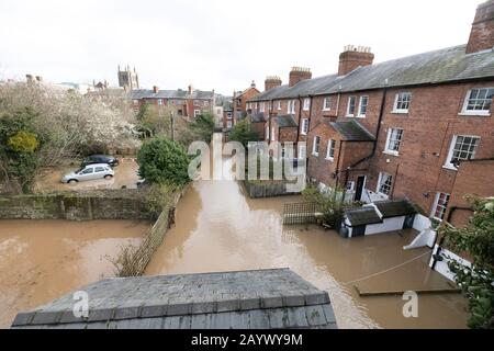 Hintergärten von Häusern neben dem Fluss Wye, Hereford sind vollständig überschwemmt. GROSSBRITANNIEN Stockfoto